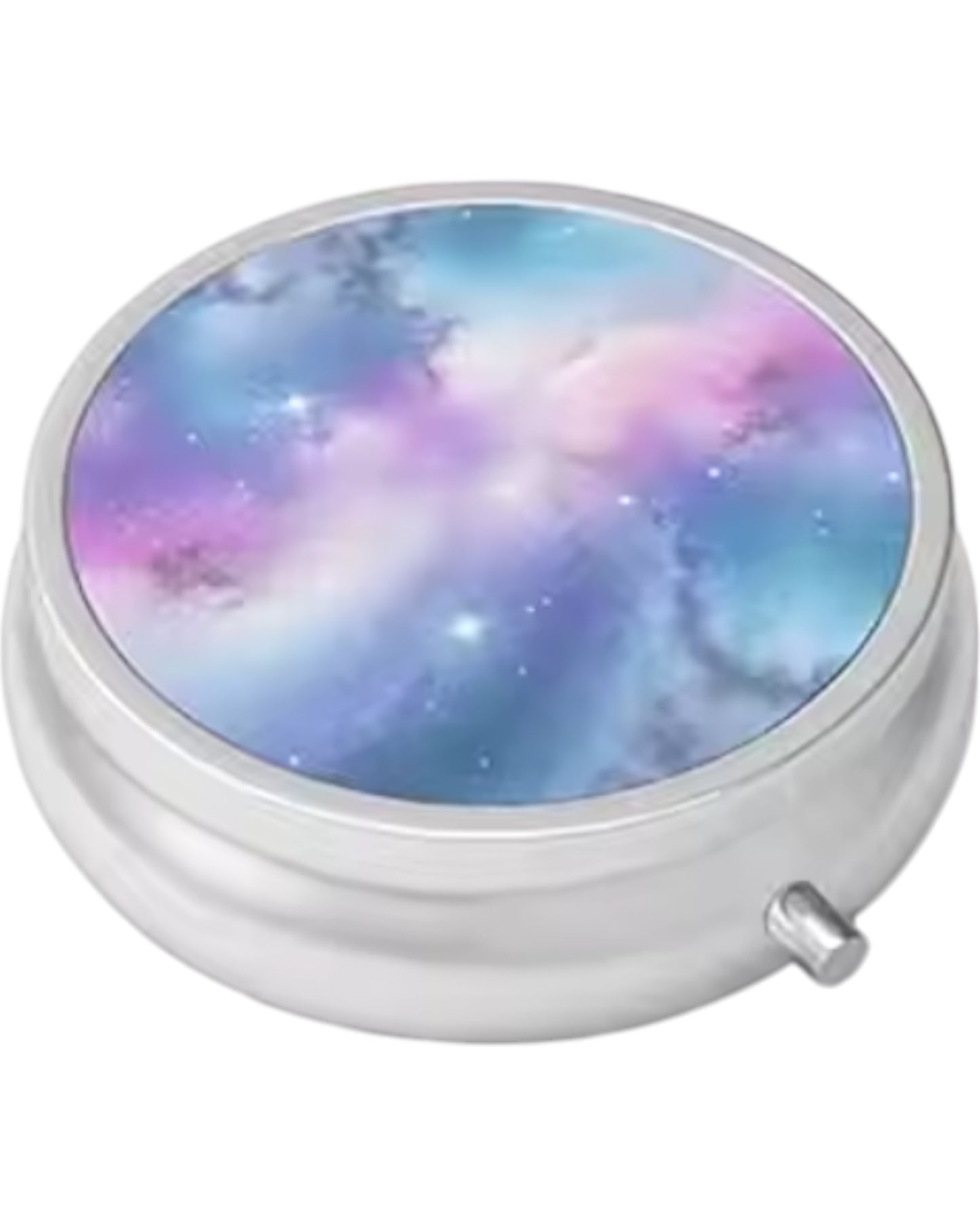 Small circular portable pill case with metal exterior, beautiful design, and secure clasp.