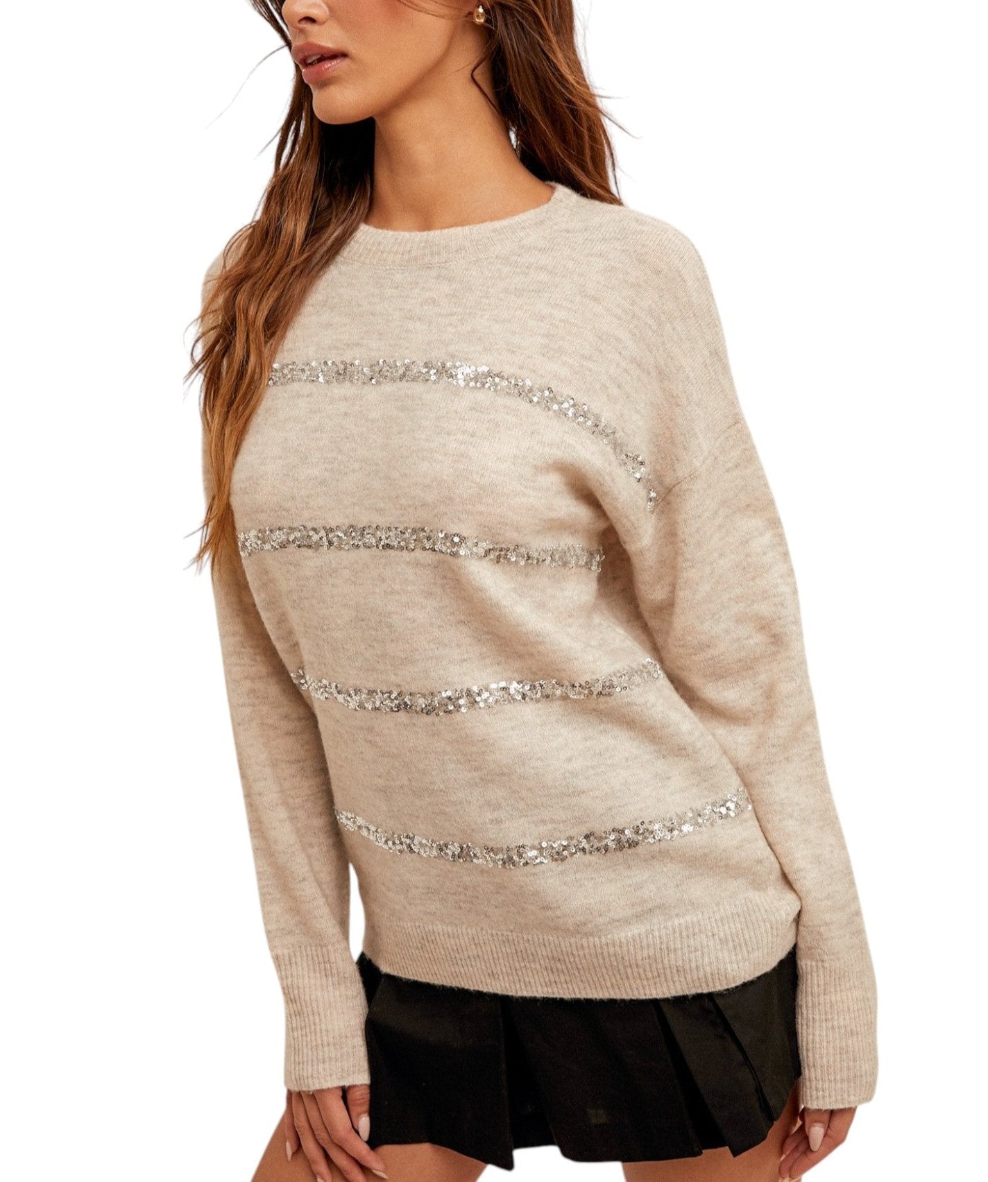 Ecru and Silver Sequin Stripe Sweater