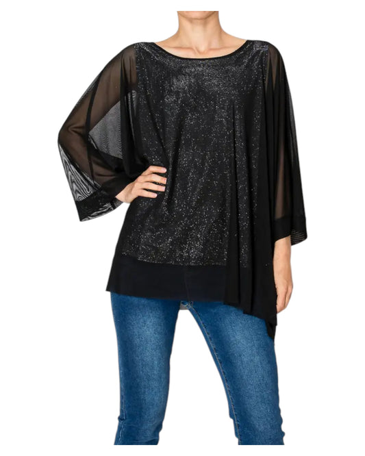 Woman wearing the Starry Night Black Sparkly Tunic Top and jeans. 