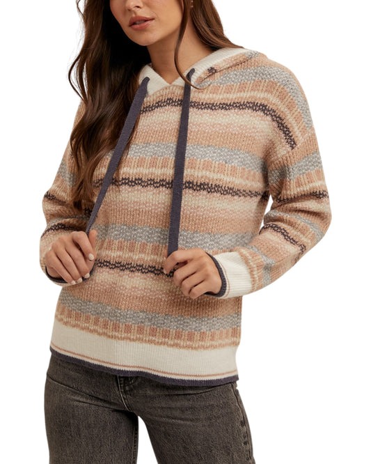 Multi-color stripe sweater hoodie in soft tan, grey-blue, black, and cream, made from a cozy yarn blend.