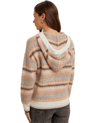 Multi-color stripe sweater hoodie in soft tan, grey-blue, black, and cream, made from a cozy yarn blend.