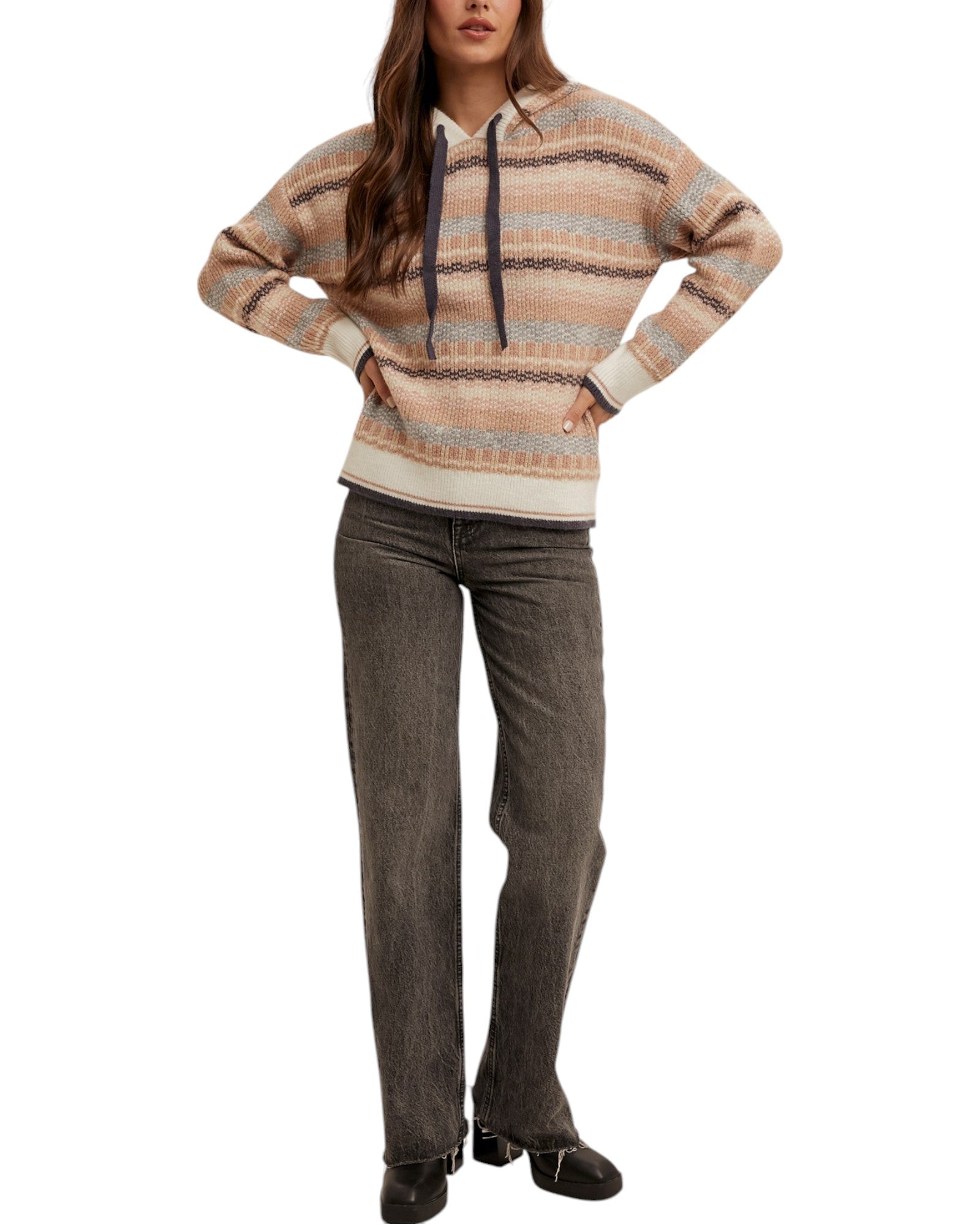 Multi-color stripe sweater hoodie in soft tan, grey-blue, black, and cream, made from a cozy yarn blend.