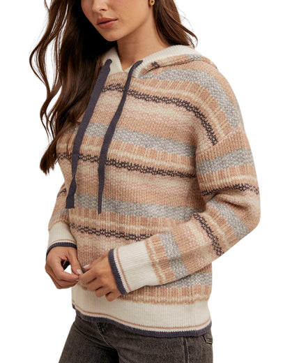 Multi-color stripe sweater hoodie in soft tan, grey-blue, black, and cream, made from a cozy yarn blend.