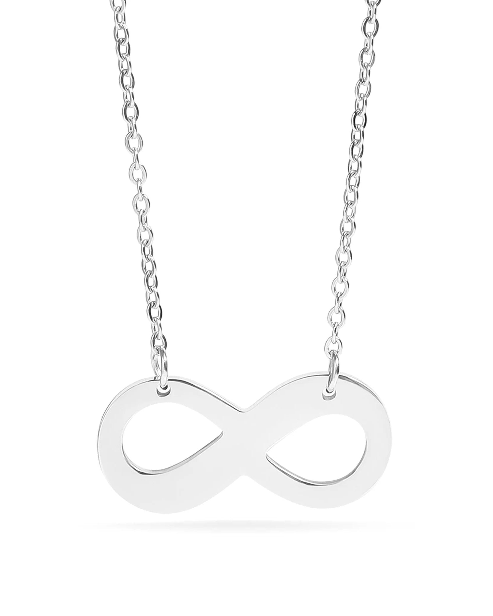 Stainless silver dainty necklace with an infinity symbol pendant. Waterproof and tarnish-resistant.