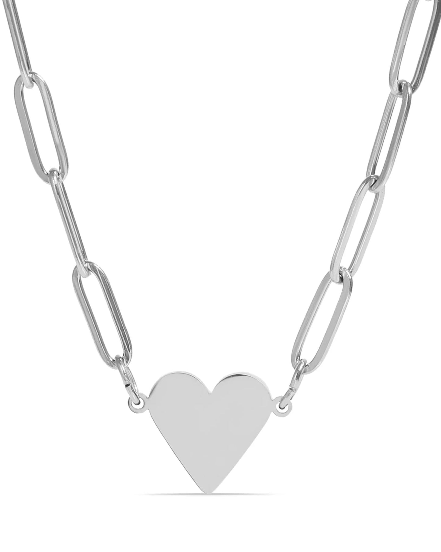 Silver waterproof paperclip chain necklace with a heart pendant. 