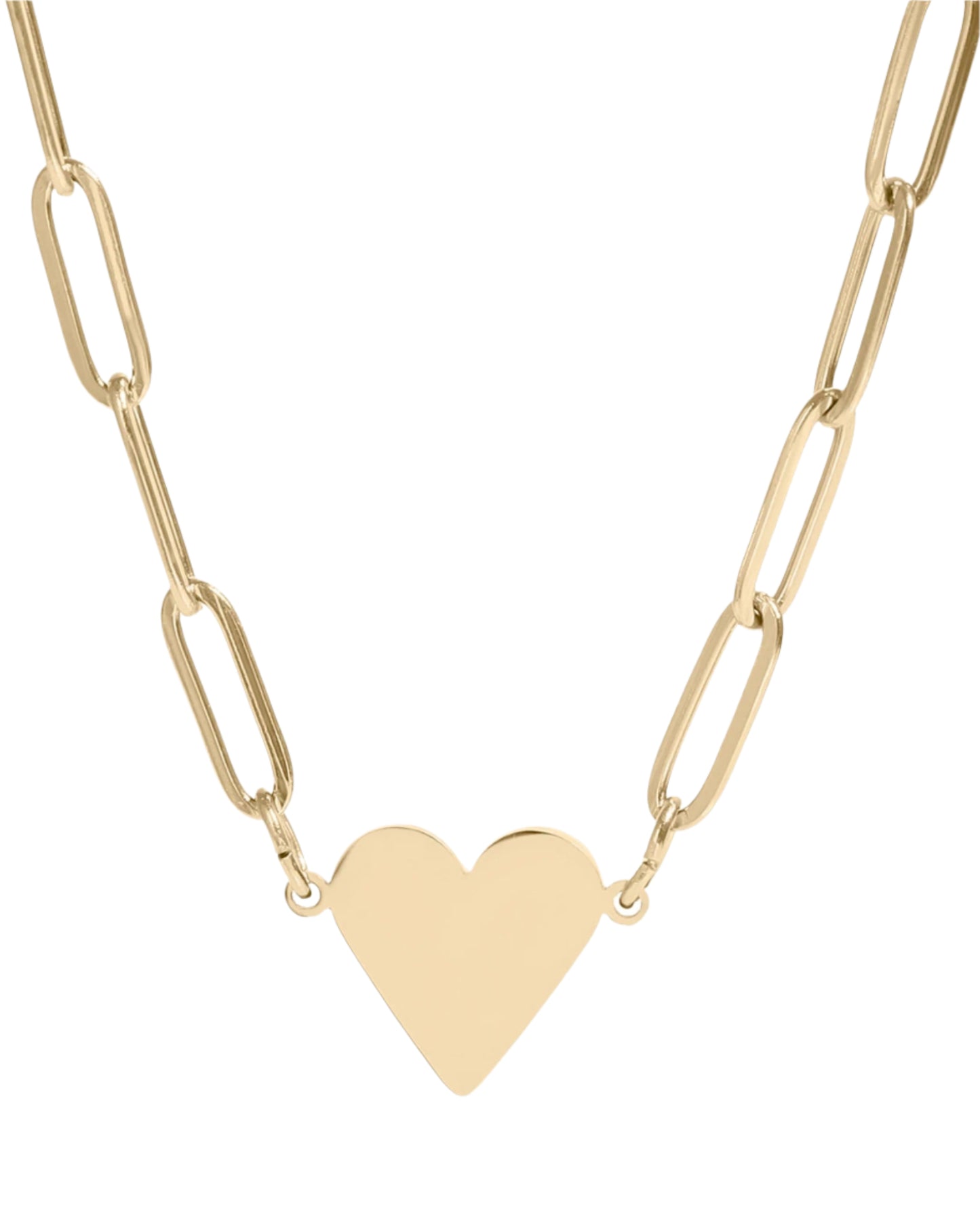 Gold waterproof paperclip chain necklace with a heart pendant. 