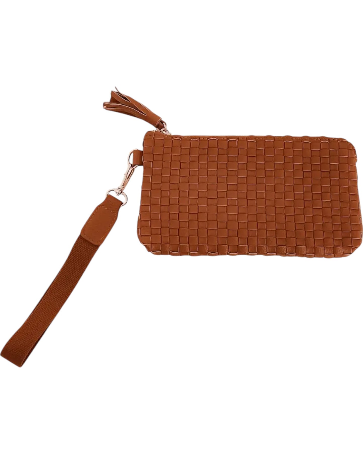 Neutral woven vegan leather wristlet with chic woven texture, removable strap, and card holder.