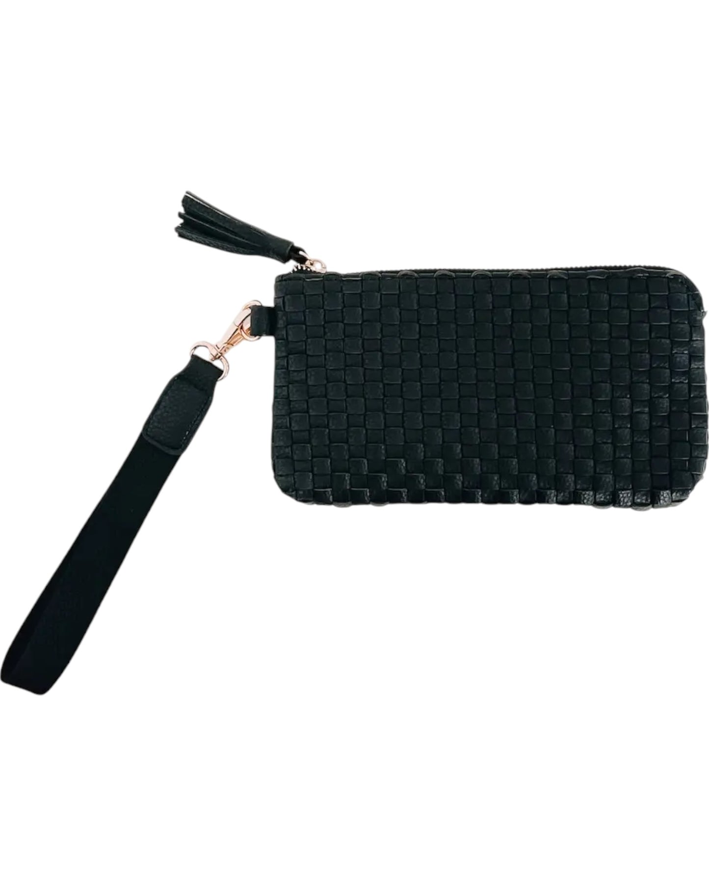 Neutral woven vegan leather wristlet with chic woven texture, removable strap, and card holder.