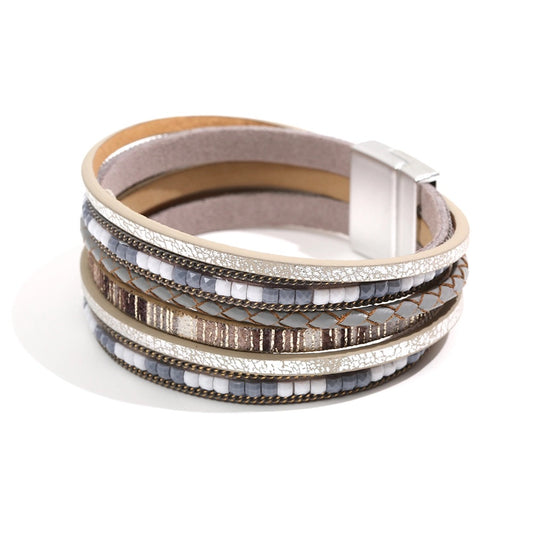 Grey Boho Magnetic Buckle Leather Bracelet