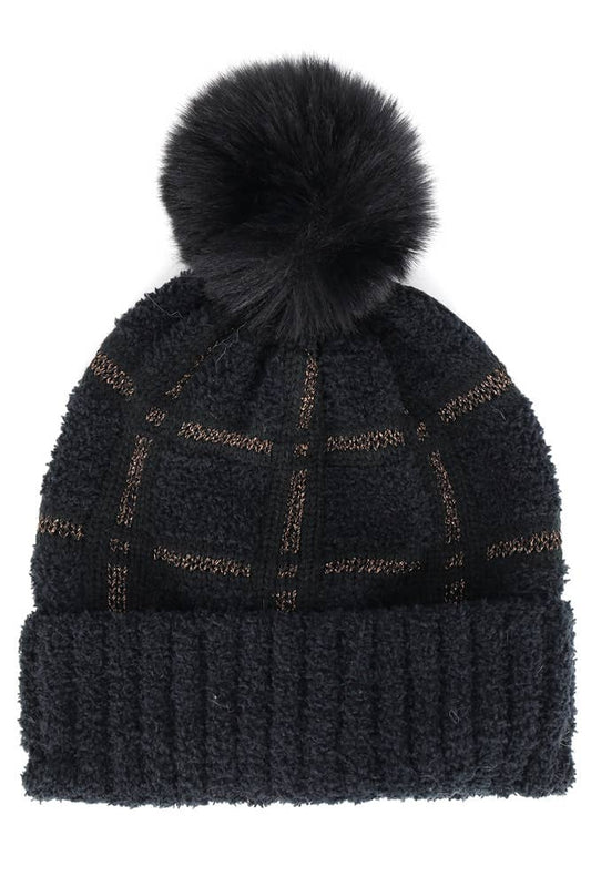 Plaid Pattern Pom Winter Hat: Black