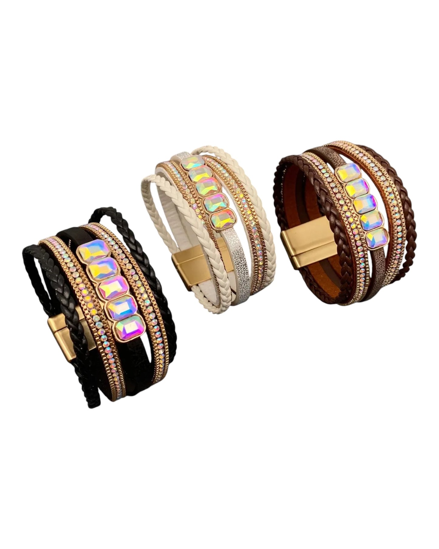 Ivory Boho Sparkling Rhinestone Multi-layer Leather Bracelet