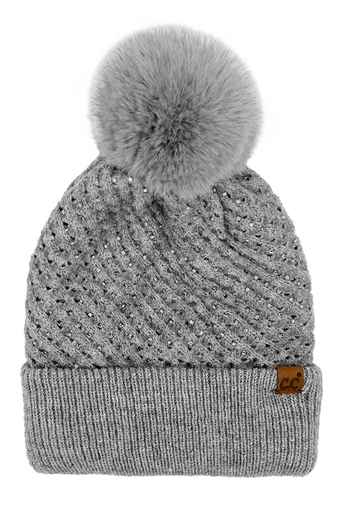 C.C Allover Rhinestone Pom Winter HAt: Gray