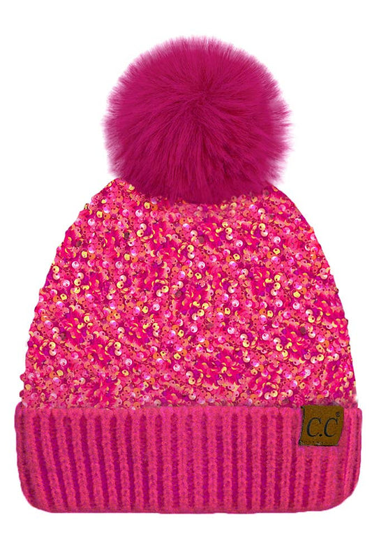 C.C Sequin Fur Pom Winter Hat: Hot Pink