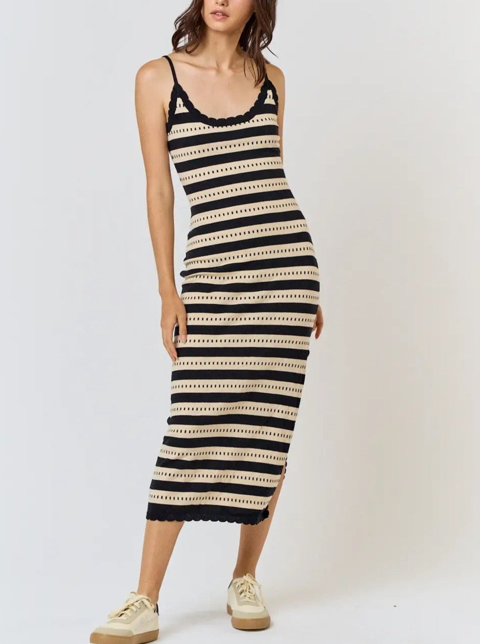 Black & Tan Striped Midi Dress