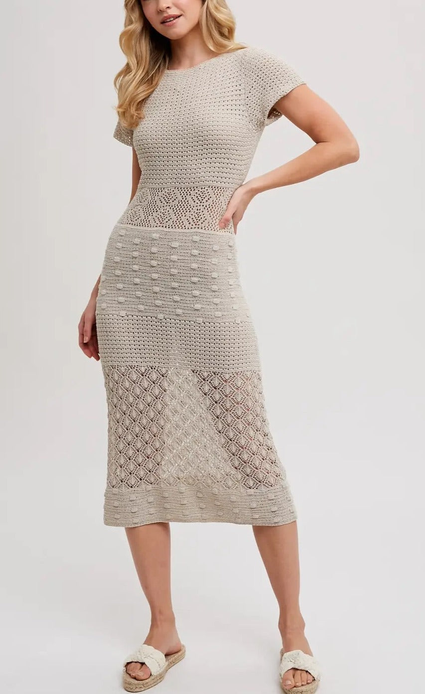 Eyelet Knit Tan Midi Dress