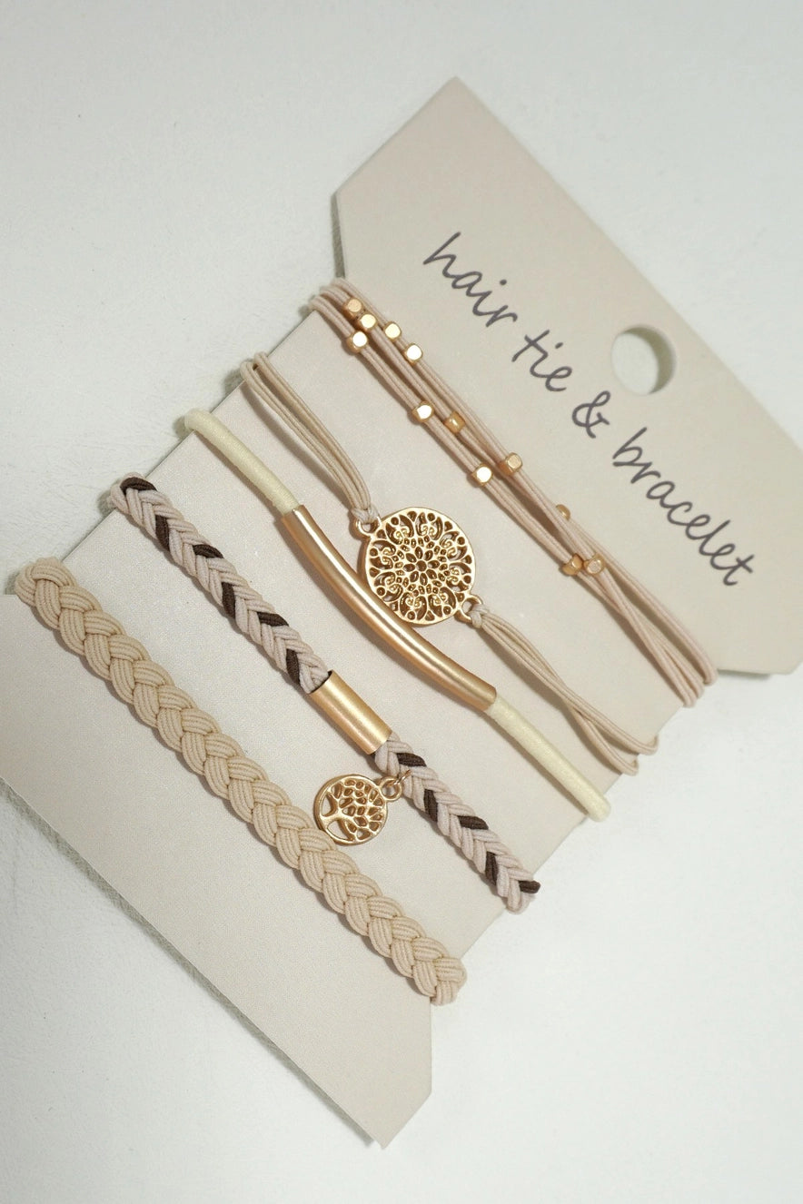 Boho dual-function bracelet hair ties with gold plating, designed for use as both a stylish wrist accessory and a gentle hair tie.