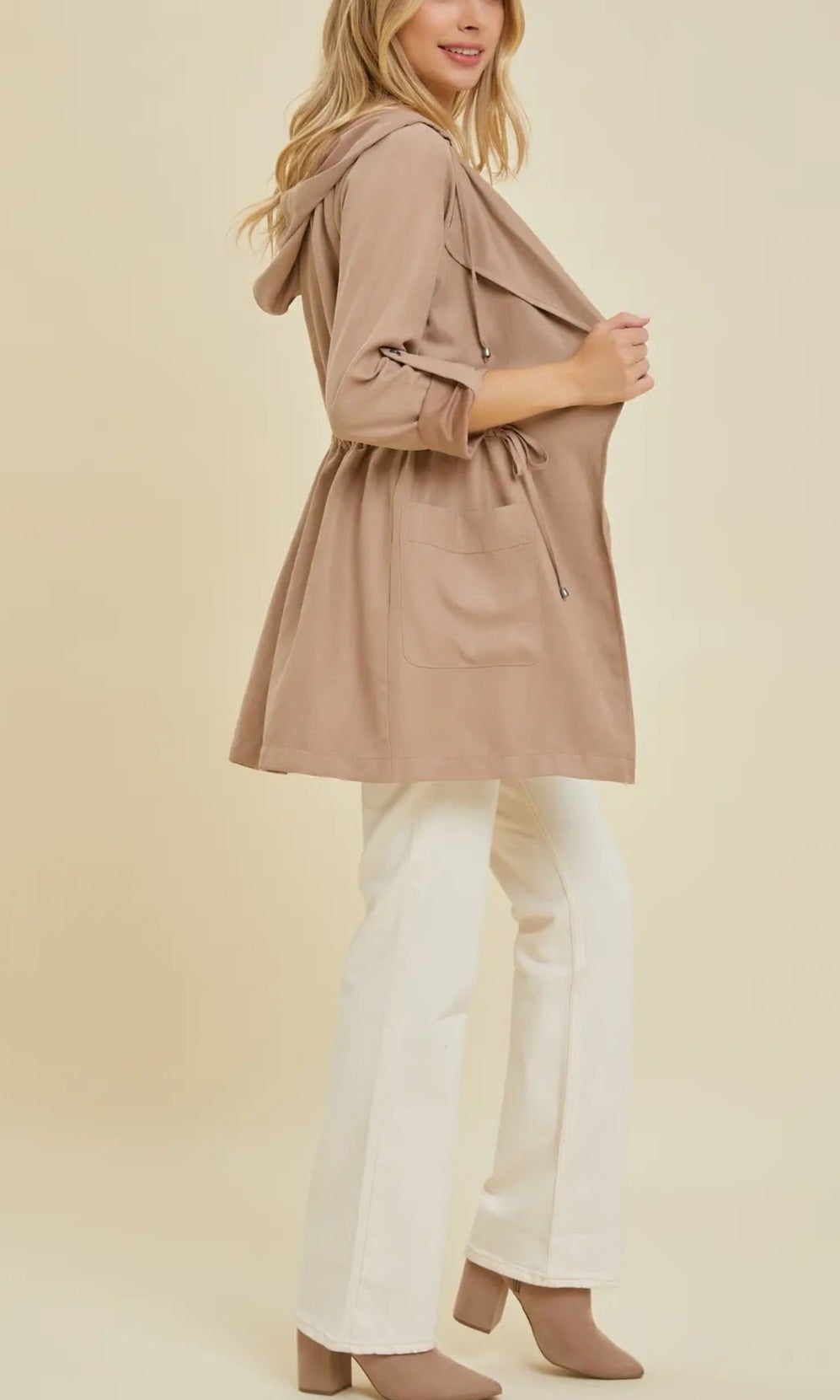 Taupe Hooded Peachskin Lightweight Jacket