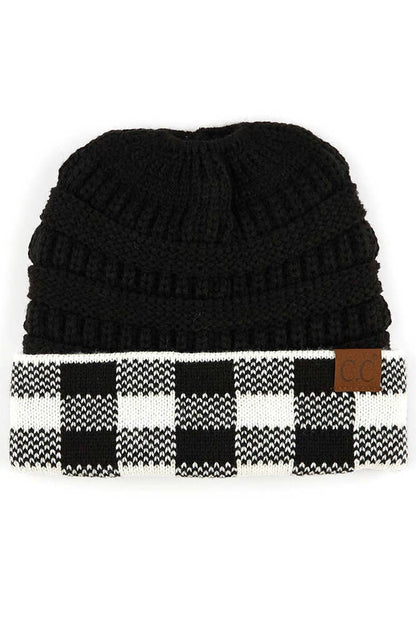 C.C Buffalo Check Messy Bun Ponytail Beanie: Black/White Plaid