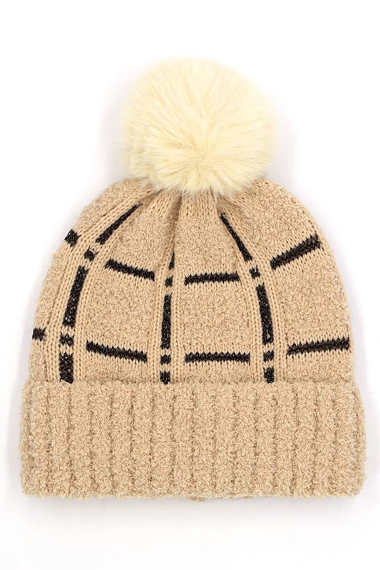 Plaid Pattern Pom Winter Hat: Tan