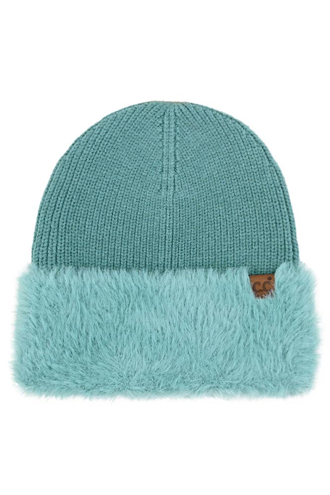 C.C Fur Cuff Beanie Winter Hat: Dusty Mint