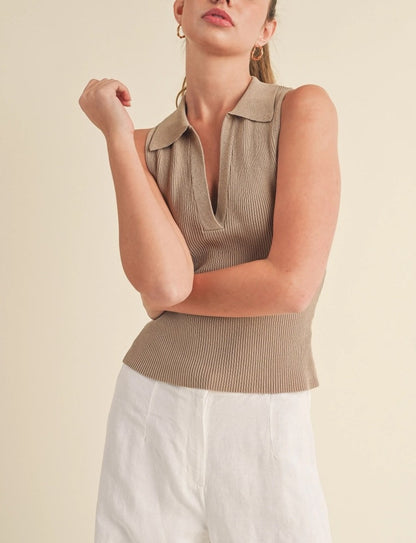 Shitake Tan Collared Knit Sleeveless Top