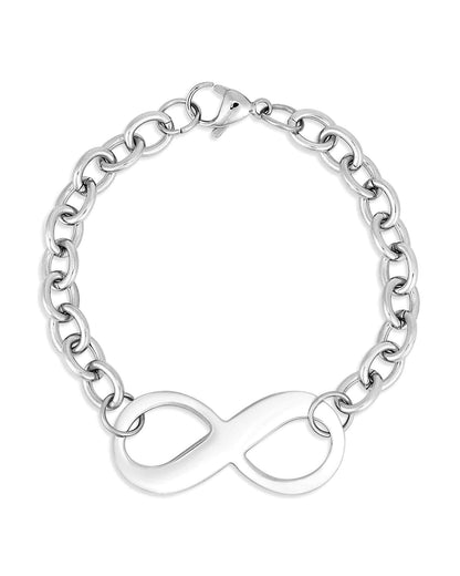 Silver waterproof chunky link bracelet with infinity charm.