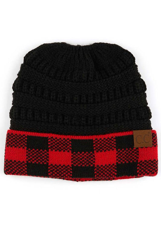 C.C Buffalo Check Messy Bun Ponytail Beanie: Red/Black