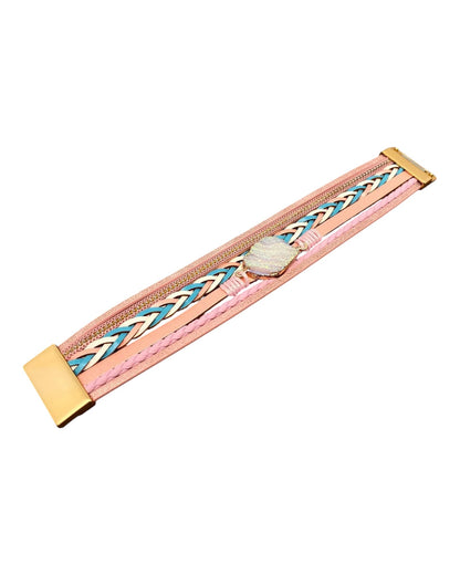 Pink Crystal Charm Boho Woven Leather Bracelet