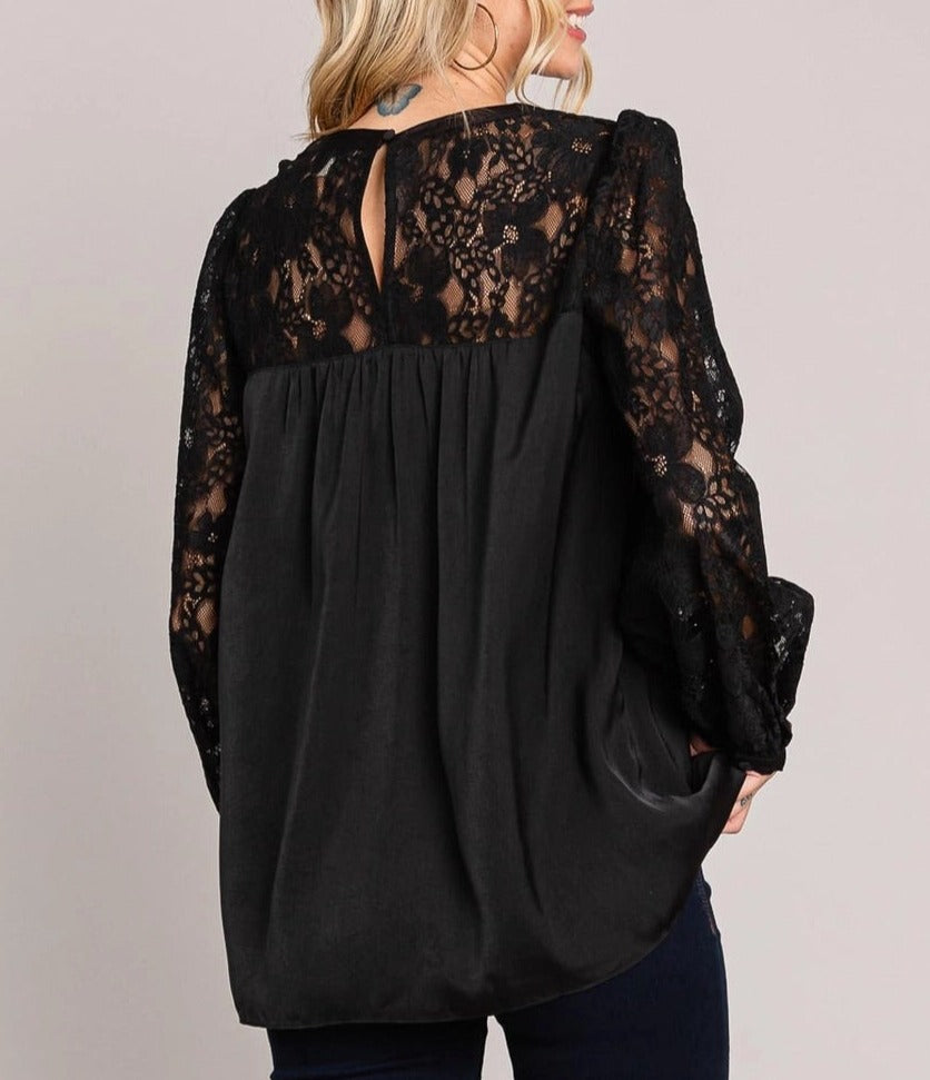 Curvy Black Satin & Lace Long Sleeve Blouse