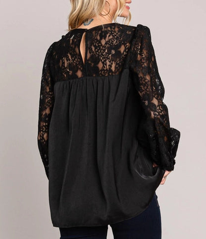 Curvy Black Satin & Lace Long Sleeve Blouse