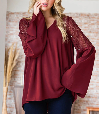 Lace Burgundy Retro Bell Sleeve Top