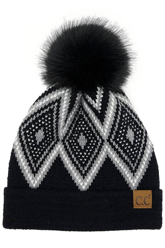 C.C Diamond Geometric Pattern Pom Winter Hat: Black