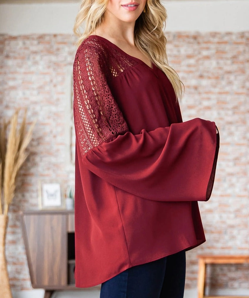 Lace Burgundy Retro Bell Sleeve Top