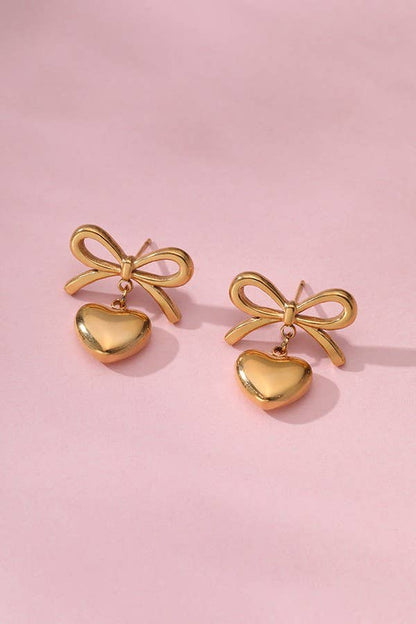 18K gold bow and heart-shaped stainless steel earrings, tarnish-free and waterproof.