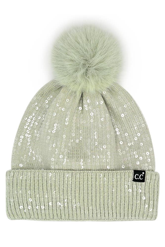 C.C All Over Clear Sequin Pom Winter Hat: Dusty Mint