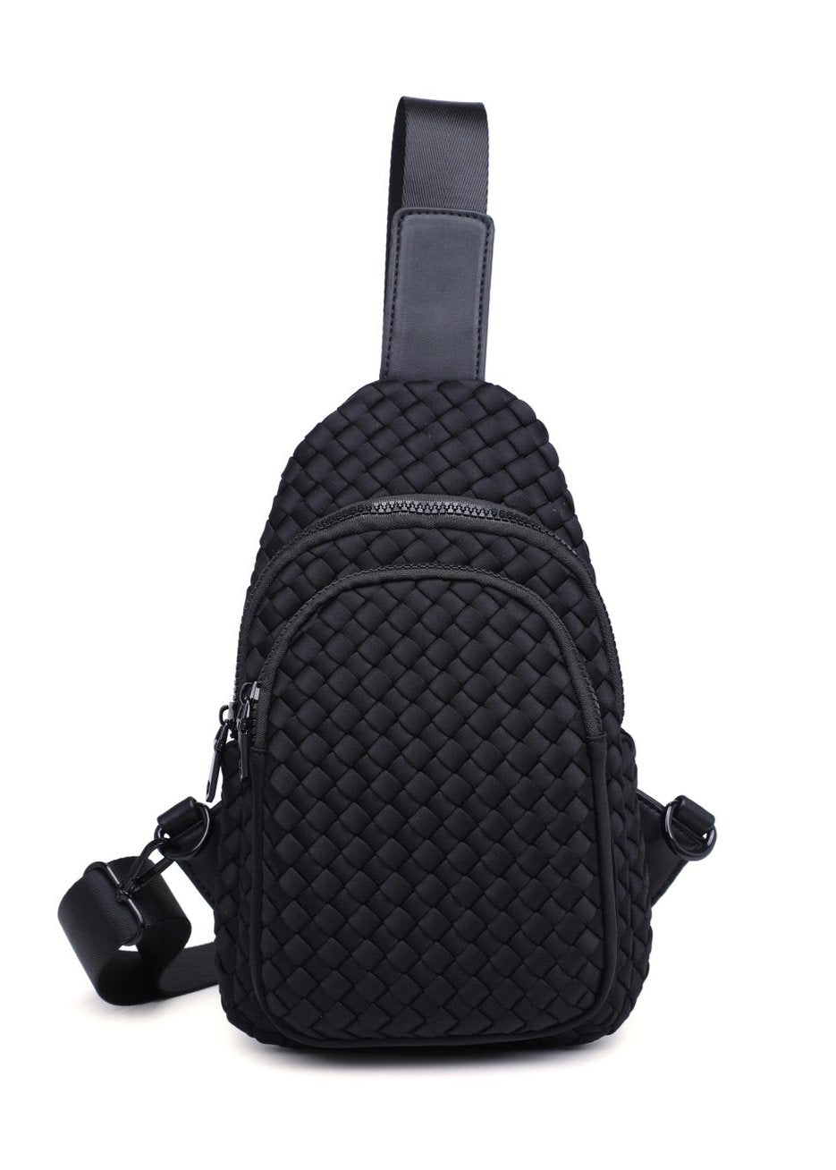 Woven neoprene women's sling backpack in Black with adjustable strap and zippered compartments.