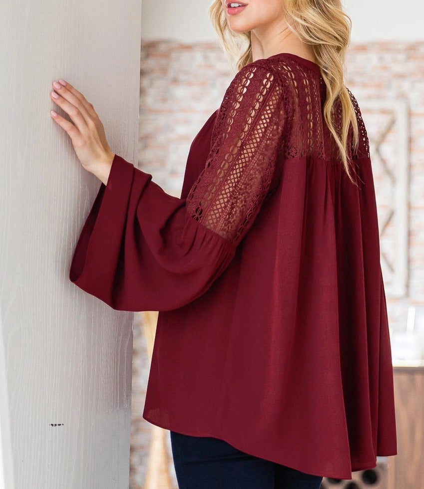 Lace Burgundy Retro Bell Sleeve Top