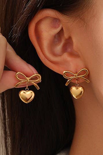 18K gold bow and heart-shaped stainless steel earrings, tarnish-free and waterproof.