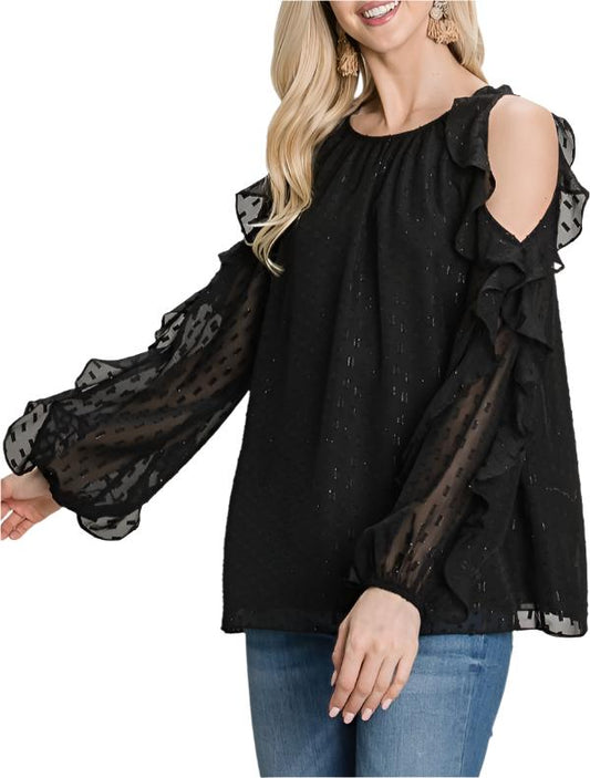 Black and Gold Textured Cold Shoulder Ruffle Sleeve Top with semi-sheer sleeves, lined bodice, gold thread embellishment, and ruffle accents. 