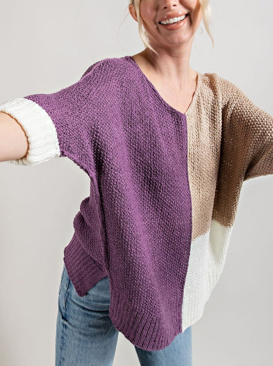 Curvy Purple Color Block Sweater