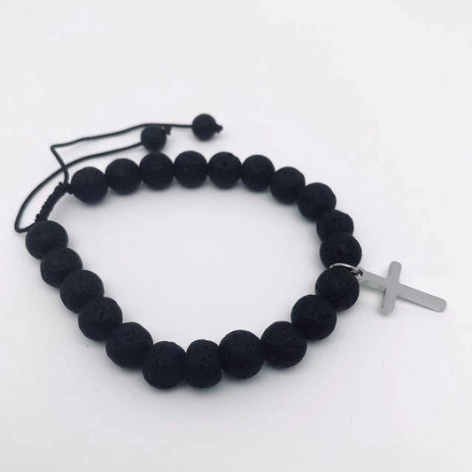 Lava Stone Silver Cross Bracelet